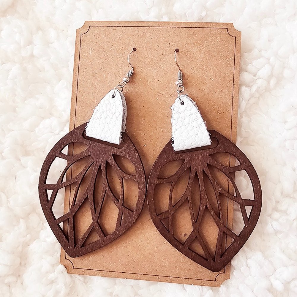 5/$25 Laser Engraved Wooden Leaf Design with White Leather Earrings